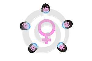 Pink female symbol with a group of women character flat lay in white background. Feminism concept.