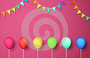 Pink festive background with colour balloons and flags.
