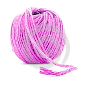 Pink fiber skein, sewing yarn ball isolated on white background