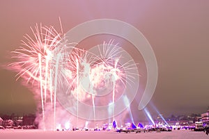 Pink Fireworks on Frozen River