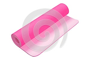 Pink fitness mat or for yoga, a roll is slightly unwound, on a white background isolated