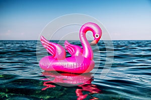 Pink flamengo inflatable on the sea