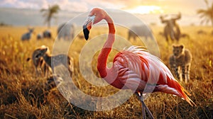 Pink flamingo with animals in field with sun rise.