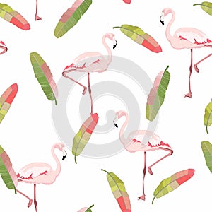 Pink flamingo, banana leavess, light background. Floral seamless pattern. Tropical illustration.