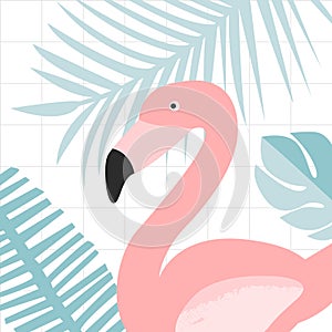 Pink flamingo bird in jungle leaves. Nature illustration print for cards and posters.