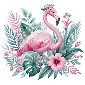 Pink Flamingo bird with tropical plants and flowers