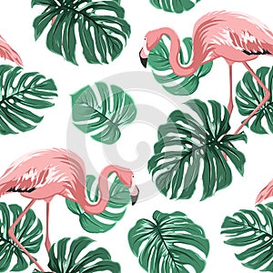Pink flamingo birds green monstera leaves pattern