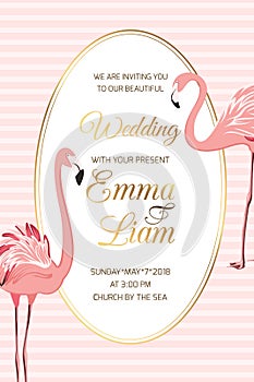 Pink flamingo birds wedding invitation oval frame