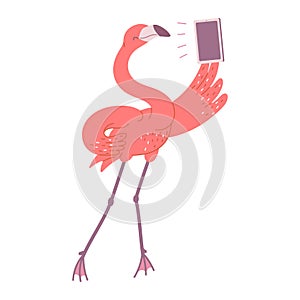 pink flamingo blogger with phone takes a selfie. African bird cartoon flat illustration.