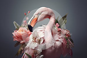 Pink flamingo in blooming flowers on gray background. Generative AI