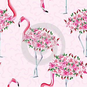 Pink flamingo body of roses seamless pattern