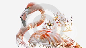 Pink flamingo and cherry blossoms on a white background. Double exposure. Generative AI