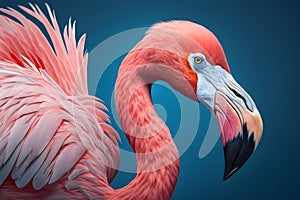 Pink flamingo close-up against a blue background. Realistic bird illustration. Created with Generative AI technology