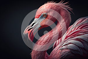 Pink flamingo close-up on a black background. AI generative illustration
