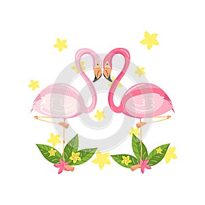 Pink flamingo couple, love, family concept, exotic tropical birds vector Illustration