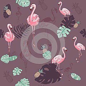 Pink flamingo. Cute African bird. Seamless vector pattern. Tropical gentle background for surface, textile, fabric for