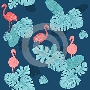 Pink flamingo. Cute African bird. Seamless vector pattern. Tropical gentle background for surface, textile, fabric for