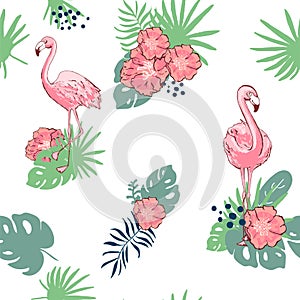 Pink flamingo. Cute African bird. Seamless vector pattern. Tropical gentle background for surface, textile, fabric for