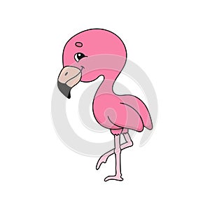 Pink flamingo. Cute flat vector illustration in childish cartoon style. Funny character. Isolated on white background