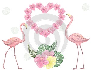 Pink flamingo digital clip art cute bird Love flowers bounqet tropical set flowers color texture illustration flying animal dove f