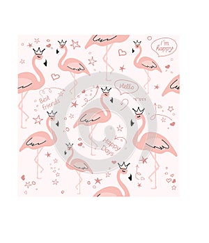 Pink flamingo. Doodle. Cartoon. Scandinavian style vector illustration