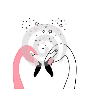 Pink flamingo. Doodle. Cartoon. Scandinavian style vector illustration