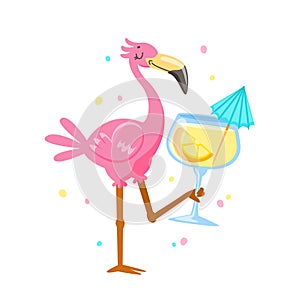 Pink Flamingo Drinking Cocktail. Cartoon Kawaii Bird Character on Summer Vacation. Cute Personage Summertime