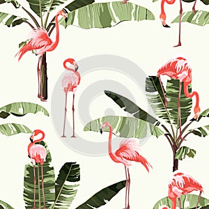 Pink flamingo and exotic banana tree, yellow background. Floral seamless pattern.
