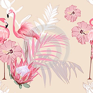 Pink flamingo and exotic flowers, palm leaves, yellow background. Floral seamless pattern.