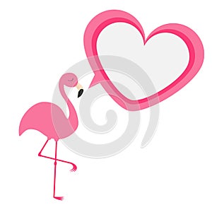 Pink flamingo. Exotic tropical bird. Zoo animal collection. Heart frame talking bubble. Cute cartoon character. Decoration element