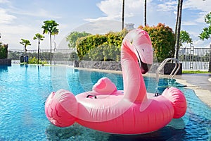 Pink flamingo float on swimming pool