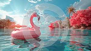 Pink Flamingo Floating on Water