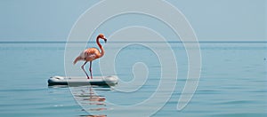 Pink flamingo floats peacefully on an ocean raft surrounded by calm waters photo