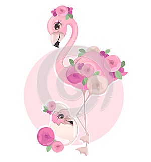 Pink flamingo with floral elements vector illustration