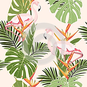 Pink flamingo, graphic palm leaves, light vintage background. Floral seamless pattern. Tropical illustration.