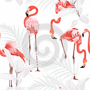 Pink flamingo, graphic palm leaves, white background. Floral seamless pattern.