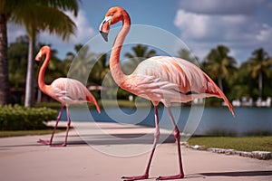 Pink flamingo on green lawn near exotic palms, summer