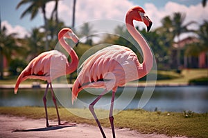 Pink flamingo on green lawn near exotic palms, summer