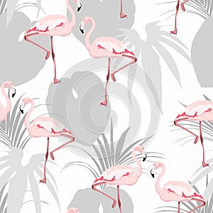 Pink flamingo, grey exotic leaves, vintage background. Floral seamless pattern. Tropical illustration.