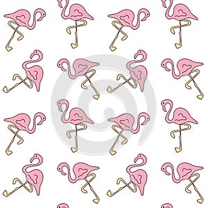 Pink flamingo. Hand drawn Seamless vector pattern in doodle style. Summer design