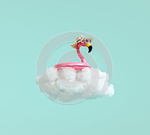 Pink flamingo inflatable belt with hat and sunglasses floating on white cloud
