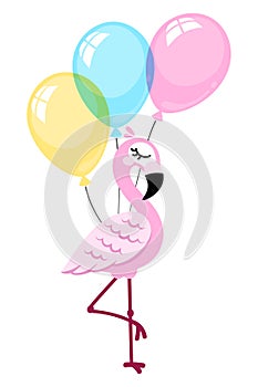 Pink flamingo isolated on white background with balloons