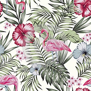 Pink flamingo jungle seamless white background