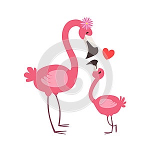 Pink Flamingo Mom With Flower Animal Parent And Its Baby Calf Parenthood Themed Colorful Illustration With Cartoon Fauna