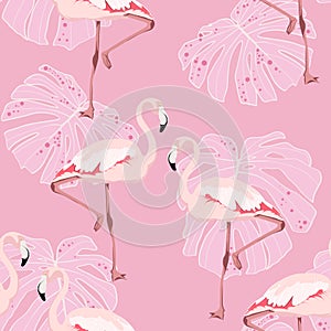 Pink flamingo, monstera leaves, vintage pink background. Floral seamless pattern.