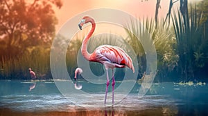 pink flamingo in nature in lake, banner made with Generative AI