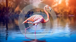 pink flamingo in the lake at sunset, made with Generative AI
