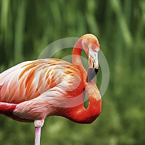 Pink flamingo on one foot.