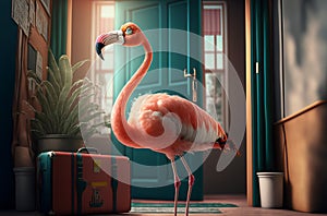 Pink flamingo with a packed suitcase ready to go on vacation. Generative ai