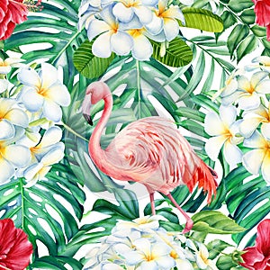 Pink flamingo and palm leaves, plumeria flowers. Hand painted floral illustration. Watercolor tropical seamless pattern